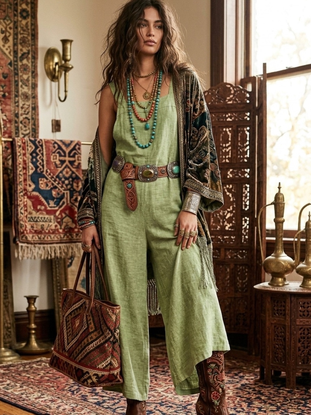 Haute Hippie Linen-Blend Wide-Leg Apron Style Jumpsuit Romper Light Green Sz M